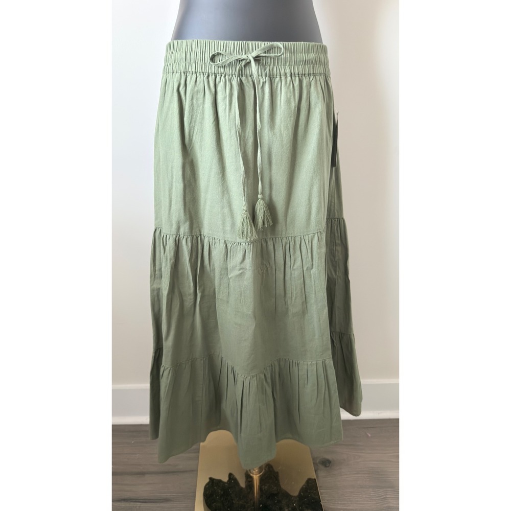 New Directions Womens XL Olive Green Linen Tiered Maxi Skirt Caper Tassel NEW